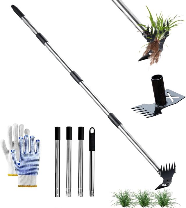 Extracteur de mauvaises herbes avec long manche de 150 cm, râteau manuel 2 en 1 et binette de jardin, outil de désherbage robuste pour jardin, pelouse, cour, terrasse – Désherbeur debout, poteau