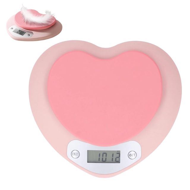 Balance de cuisine mignonne, précision 1 g, 5 kg, balance alimentaire numérique rose rechargeable en forme de petit cœur avec écran LCD pour la cuisine, kitchen scale, balance cuisine