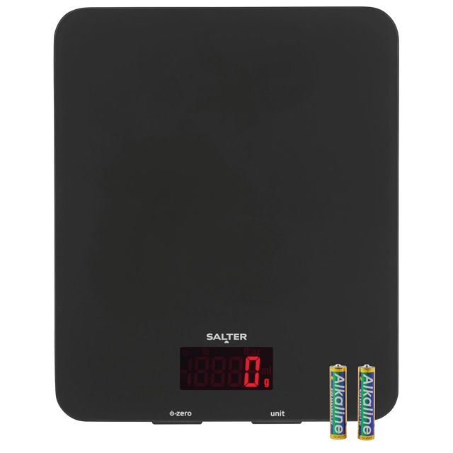Salter 1150 BKDR Balance de Cuisine Numérique avec Plateforme en Verre, pour Aliments & Liquides, Ajouter & Peser, Capacité 5KG, Métrique/Impériale, Affichage Facile à Lire LCD, Noir 26 x 30 x 5 cm
