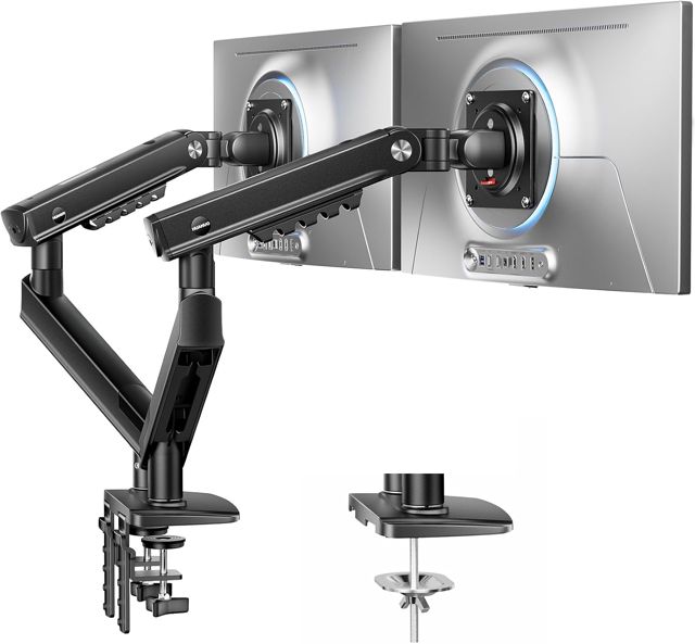 HUANUO Support Double écran PC, pour 2 écrans 13–32" (Max. 9 kg), FlowLift Pro Bras écran, MechaSpring(Inclinaison/Pivotement/Rotation), Montage VESA sans Outil, Montage par Pince en C ou par œillet