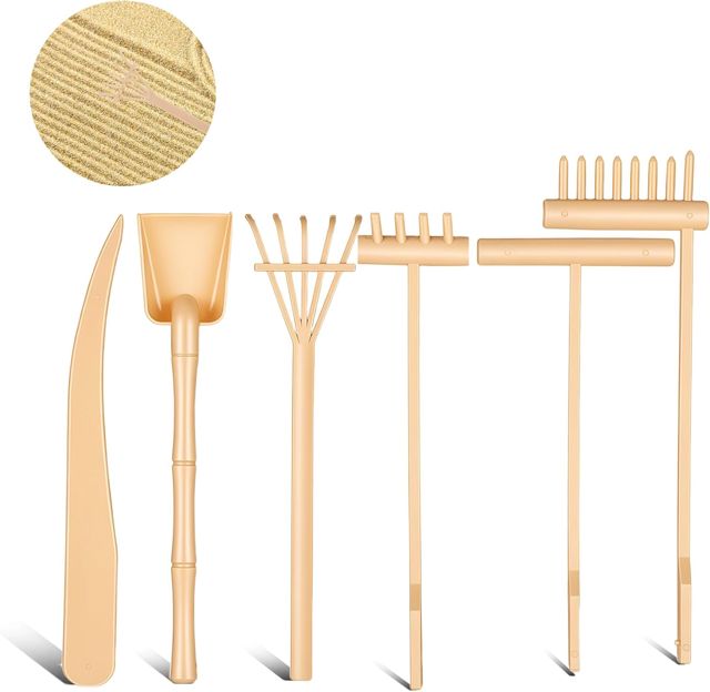 Mabor Lot de 6 mini râteaux de jardin zen, accessoires de jardin zen, outils miniatures de table pour décoration de jardin, couleur bois
