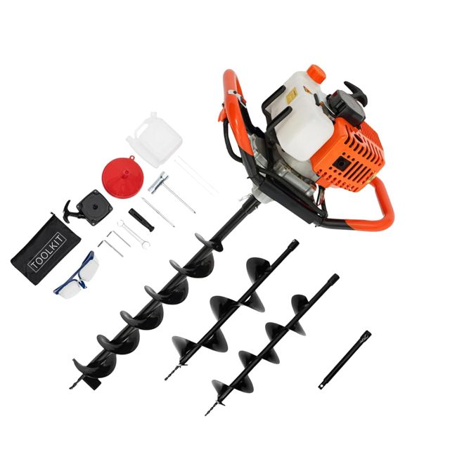 Tarière à Main, Perceuse Manuelle pour Poteaux de Clôture, Tarière à Essence 71 cm3 2 Temps Tarière de Jardin avec 3 Mèches (100, 150, 200 mm), Tariere Manuel pour Plantation & Clôture