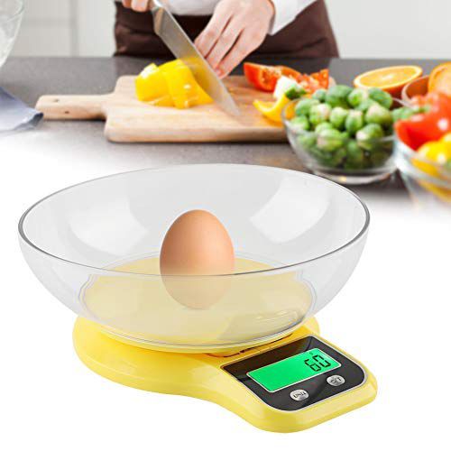 Rotekt Balance pour aliments, balance de cuisine, balance numérique de poche 0,1 g/5 kg, avec bac, fonction tour écran LCD Conversion 3 unités (jaune)