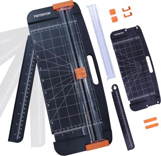 PORTENTUM Massicot A4 avec rainurage et règle extensible amovible – Coupe papier portable avec butée réglable et coupe diagonale en angle – Guillotine pour loisirs créatifs et bureau – 12 feuilles