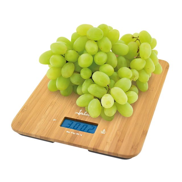 JATA HOGAR HBL0310 Balance de cuisine numérique 15 kg/1 g, surface en bambou durable, haute précision, LCD rétroéclairé, tare, minuteur, horloge, 5 unités de mesure