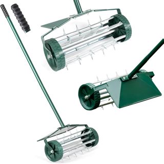 RELAX4LIFE Scarificateur Gazon Manuel avec Garde-Boue&Poignée&Rouleau à Pointes Rotatives, Rouleau Aérateur Gazon de Pelouse en Métal pour Jardin Cour Patio, Vert (sans Garde-Boue)