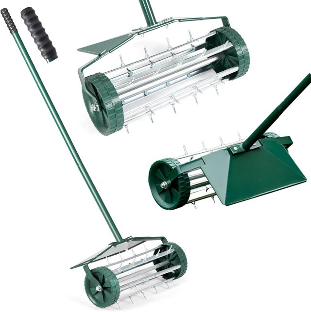 RELAX4LIFE Scarificateur Gazon Manuel avec Garde-Boue&Poignée&Rouleau à Pointes Rotatives, Rouleau Aérateur Gazon de Pelouse en Métal pour Jardin Cour Patio, Vert (sans Garde-Boue)