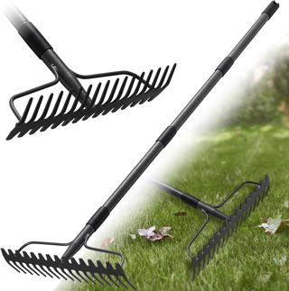 Râteau de jardin 150 cm - Râteau en métal robuste avec manche et 17 dents pour gazon, feuilles & sol | Râteau à gazon pour aérer, niveler & désherber | Râteau à foin durable pour cour