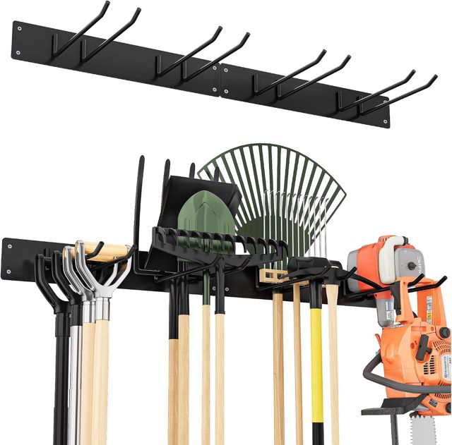 Urban Deco Support mural en métal pour Outillage de Jardin, capacité de charge de 150 kg, avec 4 crochets doubles et 2 panneaux, pour outils de jardin dans le garage, le jardin, la cave, noir