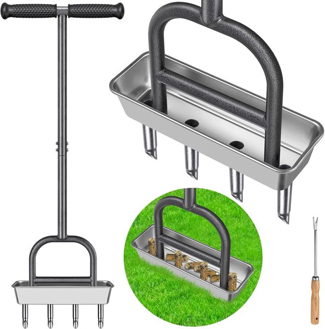 Aérateur de pelouse Manuel avec bac de Rangement et Outils de Jardin, poignée en Caoutchouc, aérateur de pelouse, aérateur de pelouse, pour sols compacts, Entretien de la pelouse