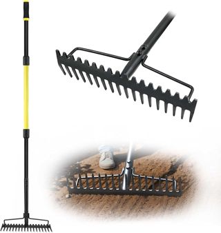 Jardineer Râteau d'arc robuste à long manche en métal pour gravier, roches, pelouses, feuilles, nivellement du sol, aménagement paysager, râteau de jardin avec 18 dents en acier (150 cm)