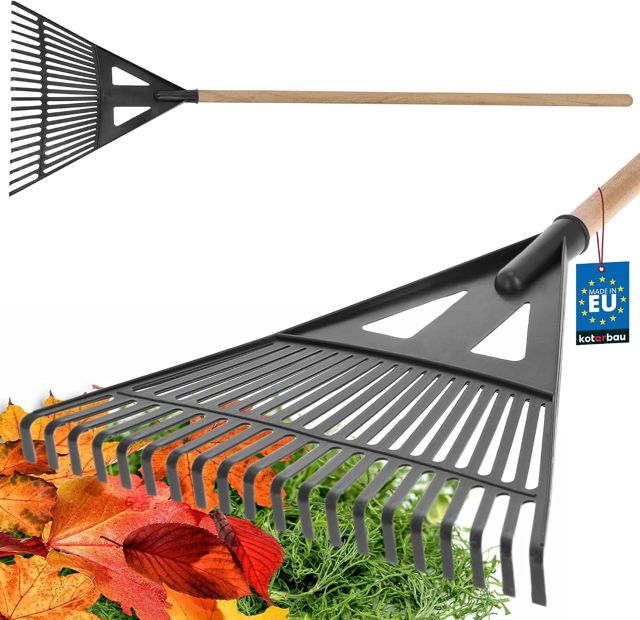 KOTARBAU® Râteau à feuilles en plastique – 61 cm – Râteau de jardin avec manche en bois – 100 cm – Râteau pour feuilles d'automne et coupe de haies – Balai à foin – Râteau à feuilles – Plastique