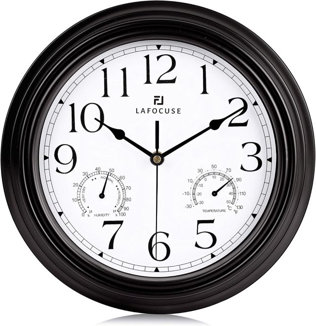 Lafocuse Horloge Murale avec Thermomètre et Hygromètre Vintage Pendule Murale Quartz Noir Silencieuse pour Salon Cuisine 30cm