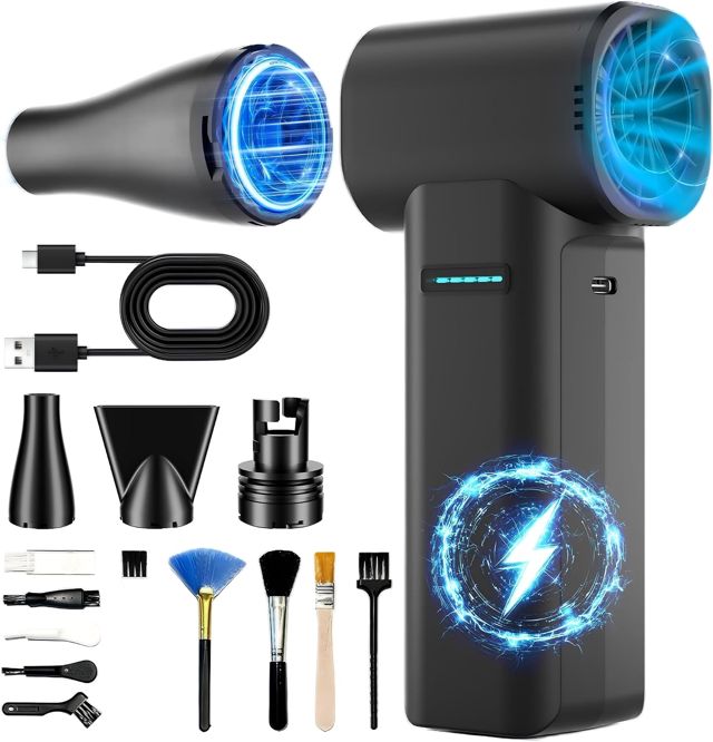 Dépoussiérant électrique à air comprimé à 3 vitesses, charge rapide, moteur sans balais, force du vent maximale de 0,5 kg, pour PC, voiture, maison, extérieur (noir, 40 mm)