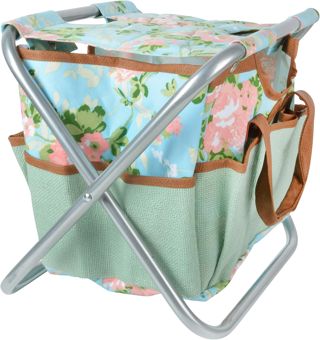 Esschert Design Jute Outils de Jardin Chaise avec Rose Impression, 40 x 31 x 31 cm, avec de Nombreuses Poches, Pliable, avec dragonne