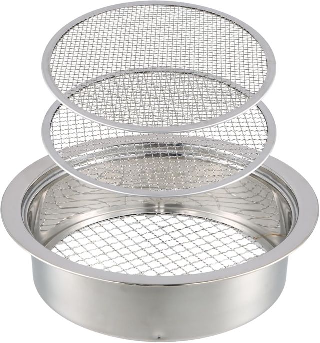 Tamis de jardin en acier inoxydable, Tamis Jardinage, Tamis de Terre 3 en 1 en Acier avec 3 Inserts Interchangeables 3mm, 6 mm, 9 mm, Tamis de Jardin Rond, Tamis à Compost pour Terre Compost Semences