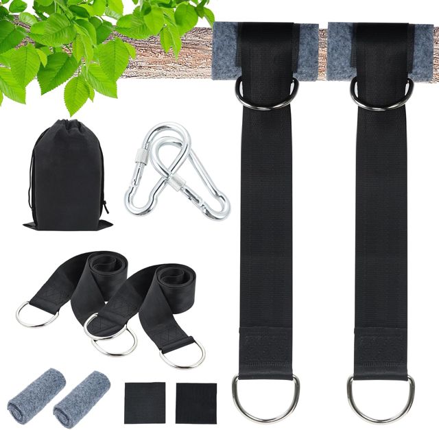OTraki Lot de 2 Sangles de Suspension Robustes de 1,5 m pour hamac en Polyester avec 2 mousquetons et Tapis de Protection d'arbre pour hamac d'arbre, Camping, randonnée