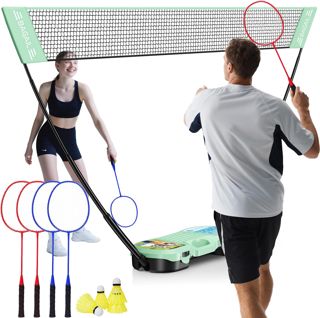 BAGAIL Ensemble de Filet de Badminton Portable - Sac de Rangement - Base Autonome - Installation Rapide - Filet de Badminton avec 4 Raquettes, 4 Volants pour Les Jeux en intérieur et en extérieur
