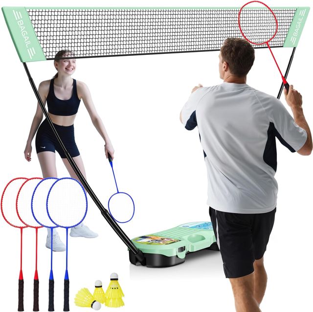 BAGAIL Ensemble de Filet de Badminton Portable - Sac de Rangement - Base Autonome - Installation Rapide - Filet de Badminton avec 4 Raquettes, 4 Volants pour Les Jeux en intérieur et en extérieur