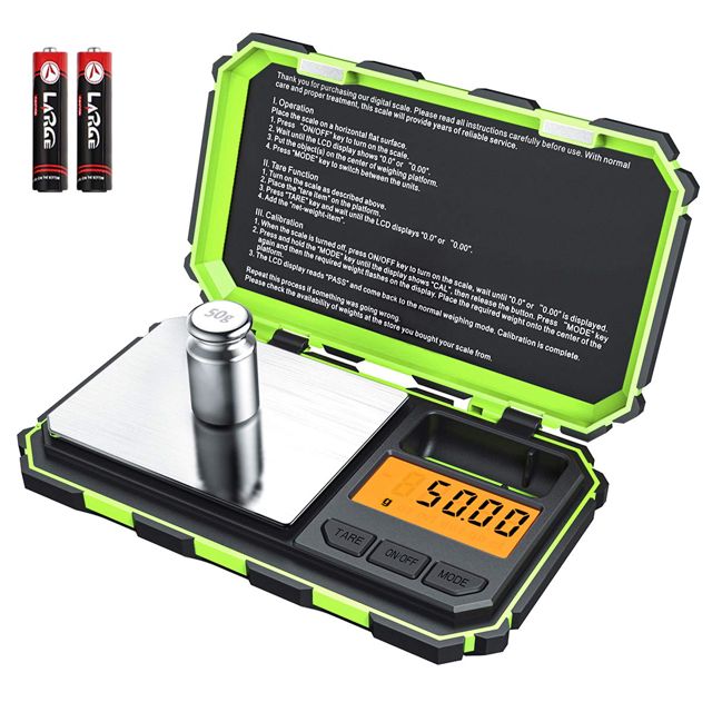 Brifit Balance de Précision, 200g/0.01g, 50g de Poids D'étalonnage, Balance de Precision 0.01g, Balance de Poche avec Écran LCD, avec Fonction de Tare, Acier Inoxydable (Batterie Incluse, Vert)