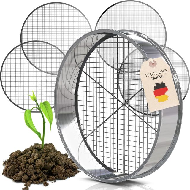 Tool Jungle- Tamis de jardin en acier inoxydable - 5 tamis 3,5,8,9,12mm inclus - tamis à compost résistant aux intempéries - avec traverse supplémentaire pour une meilleure prise en main.