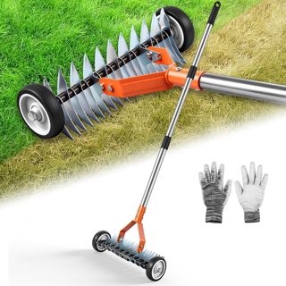 Scarificateur Manuel sur Roues,Scarificateur avec 166cm Poignée Réglable,Râteau à Gazonavec 21 Dents,Largeur de Travail de 32cm,Râteau Jardin pour Enlever l'herbe Morte, Peigner la Pelouse