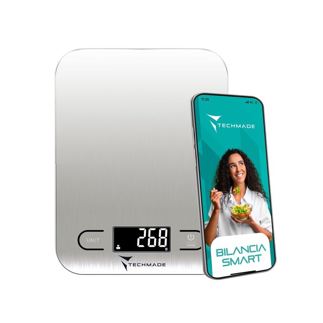 Techmade - Balance de Cuisine Numérique | Précision jusqu'à 5000g | Écran LED Clair | Connectée à Appli Nutrition | Comptage Nutritif | Silvet, Acier Inoxydable