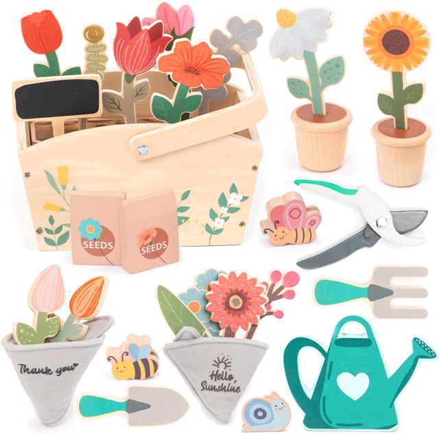 umu® Ensemble de jardin en bois éducatif pour enfants - Arrosoir, pelle, râteau - Jouet de jardin pour filles et garçons