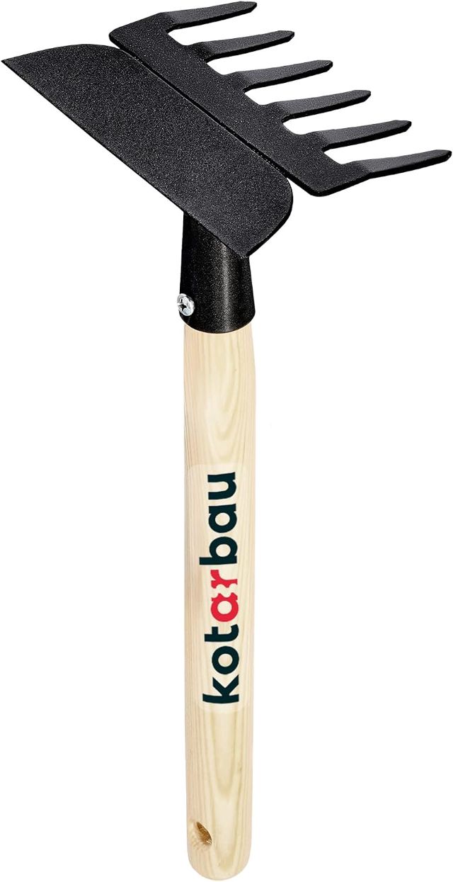 KOTARBAU® Râteau avec Houe Double Binette à 3 Dents avec Manche en Bois 33 cm Outil de Jardinage