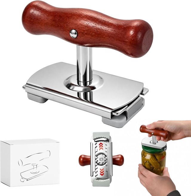Ouvre Bocal Sans Effort, ouvre-boîte manuel, Ouvre-bocal réglable avec poignée en bois massif et poignée en silicone antidérapante – for Seniors and Weak Hands, Bottles and Screw Lids