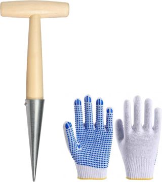Bois de plantation - Outils de jardin traditionnels avec gants - Planteur de bulbes en acier inoxydable - Bâton de piquet pour plantation de jardin, bulbes, semis