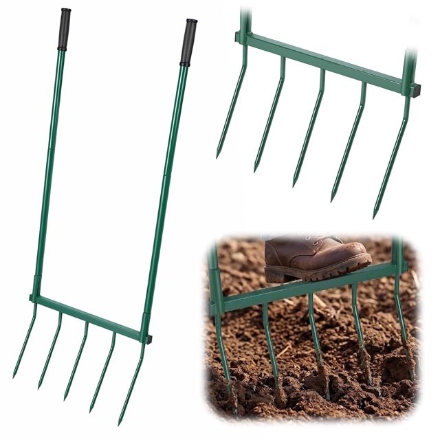 Fourche à Bêcher 5 Dents, Fourche de Jardin avec Double Poignée, Outil d’Aération du Sol et de Plantation, Grelinette Manuelle Robuste pour Jardin, Potager et Paysage