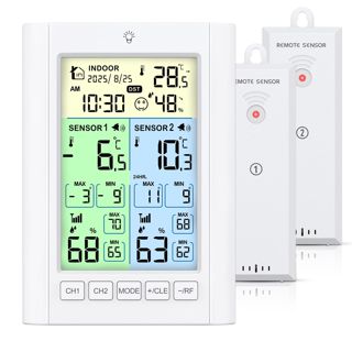 ORIA Thermomètre Numérique pour Réfrigérateur, Thermomètre pour congélateur avec 2 Capteurs Sans Fil, Ecran Couleur, Alarme, Max/Min, Heure d'Eté, Alimentation par Batterie/USB pour Maison, Cuisine