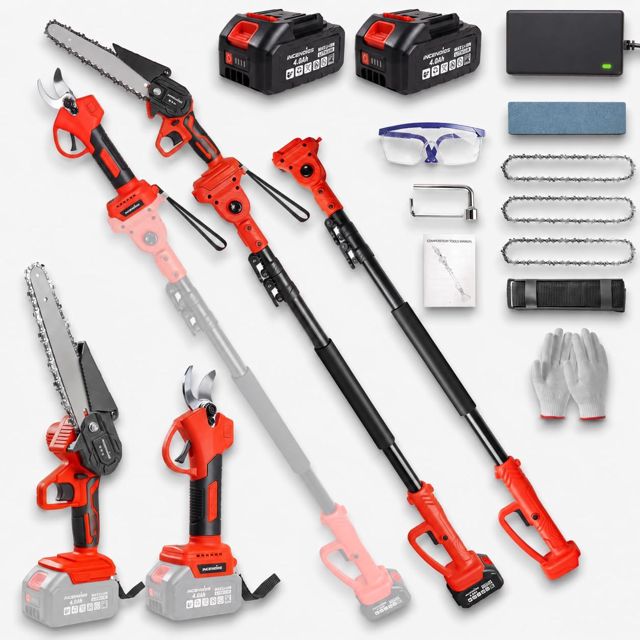 Kit 4-en-1 Élagueuse Sur Perche Sans Fil & Sécateur Électrique Jusqu'à 4,9m