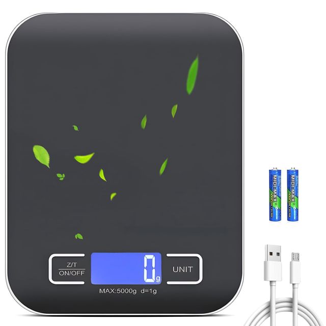 Balance de cuisine numérique : 10 kg/1 g, rechargeable par USB, avec écran LCD et fonction tare - Balance de cuisine professionnelle multifonction avec câble de charge (or rose)