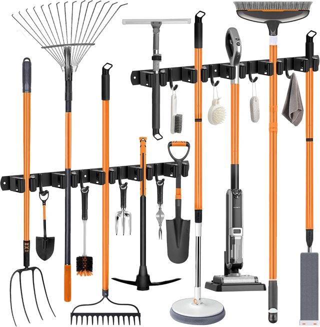 Accroche Balai Mural, Porte Balais Mural en Acier Inoxydable - 10 Supports + 8 Crochets, Support Balais Mural Sans Percer Noir, Utilisable en Cuisine, Salle de Bain, Jardin, Garage (2 Pièces)
