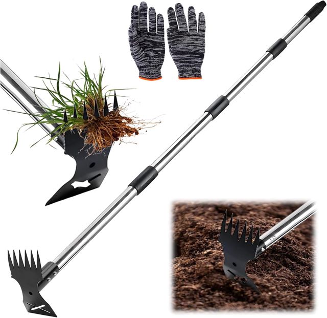 Désherbeur Manuel 160 cm, Râteau Manuel 2 en 1 et houe de Jardin Arrache Mauvaise Herbe Long Manche Outils de Jardinage pour Plantation, Désherbage, Desserrage, Déracinement Outils de barbecue