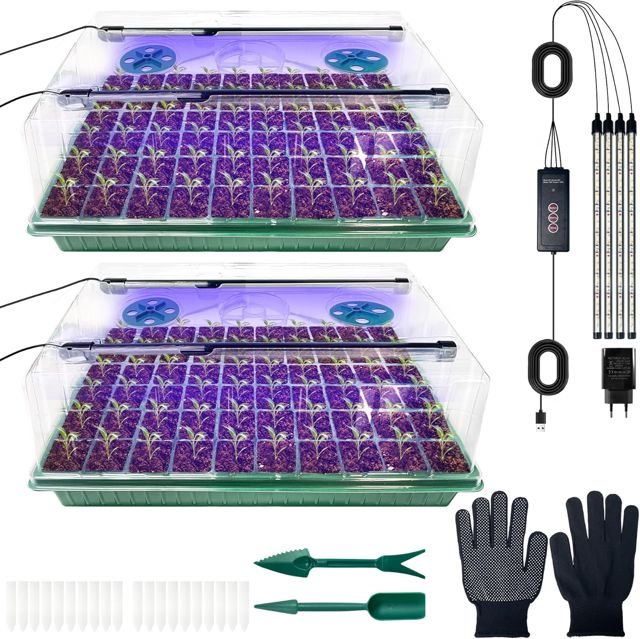 VEEKAY Serre pour Plantes kit,2 Pièces 120Cells Plateau de Semis,Kit de Culture Serre avec LED luminosité réglable,Température et humidité réglables,avec étiquettes de Plantes,Outils de Jardinage