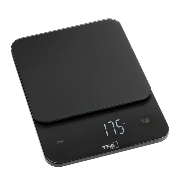 TFA Dostmann Balance de cuisine numérique Brownie, 50.2008, résolution 1g, à 5kg, surface en verre, fonction tare, touches tactiles, ècran LED éclaire, plate et compacte, noire