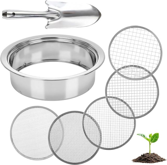 5 en 1 Tamis Jardinage Tamis Sable en Acier Inoxydable Ø 1, 3, 6, 9, 12 mm Tamis de Terre avec 1 Pelle à Main pour Terre, Pierres, Compost, Mauvaises Herbes, Sable, Gravier, Graines