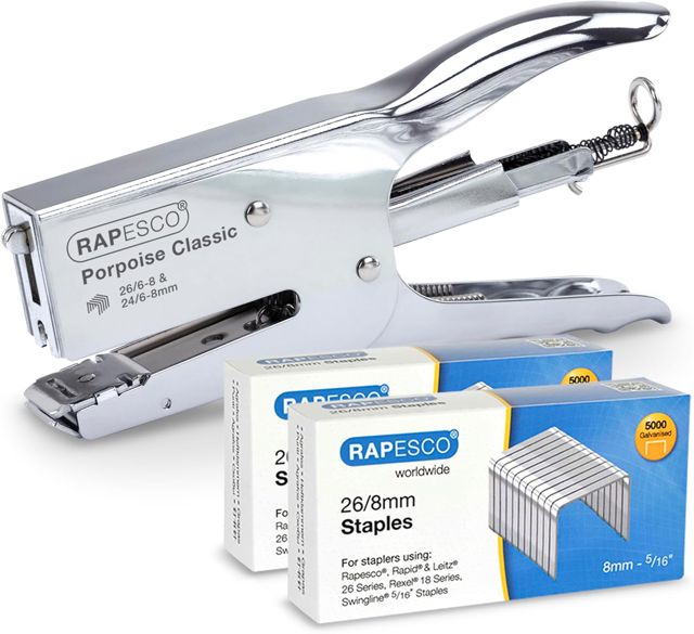 Rapesco 1298A Porpoise Pince Agrafeuse Classique et 10.000 Agrafes, Chrome