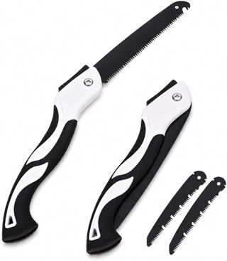 Scie pliante avec 2 lames de rechange en acier SK5 – Scie d'élagage avec poignée ergonomique antidérapante et verrouillage de sécurité, pour jardinage, taille des arbres, camping et extérieur