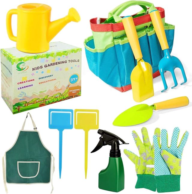 Jouets de Jardin,10 Pieces Sac de Jardinage, Outils de Jardinage,Pelle Rateau Arrosoir Gant Tabliers et Sac de Jardin, Set d’Outils de Jardin,Cadeaux de Jardinage