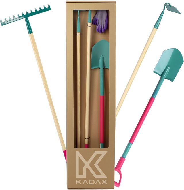 KADAX Lot de 4 Kit d'Outils de Jardinage Professionnel pour Femmes: Bêche, Râteau, Houe et Gants, La Solution Complète pour Une Gestion Efficace du Jardin