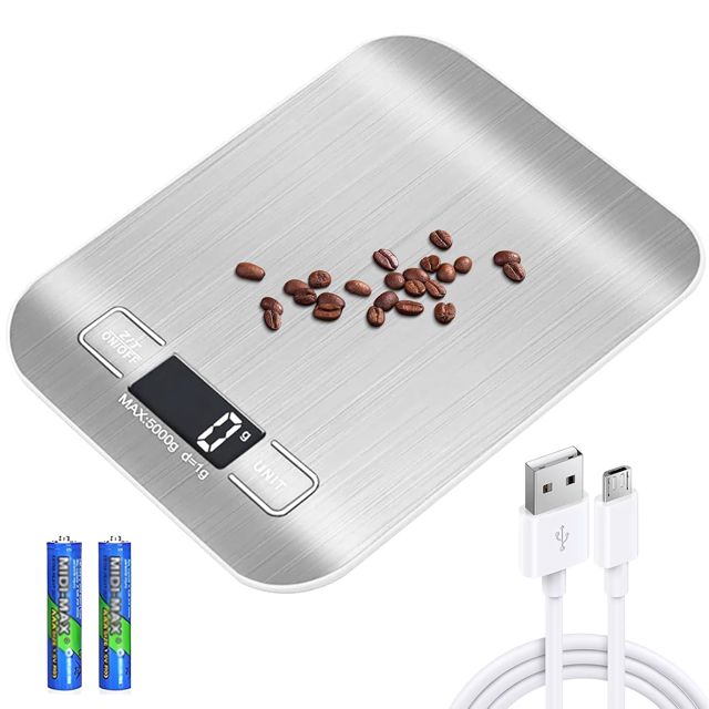 Balance de cuisine numérique - 10 kg/1 g - Rechargeable par USB - Avec écran LCD et fonction tare - Avec câble de charge de batterie - Blanc argenté