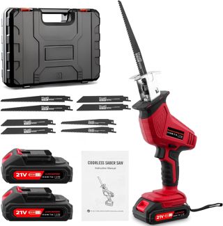 Scie sabre sans fil Brushless 21V – Kit complet avec 2x 2.0Ah Batteries, Chargeur rapide & 8 Lames – Vitesse variable 0-4000 tr/min, Éclairage LED intégré – Coupe bois, métal et PVC – Rouge