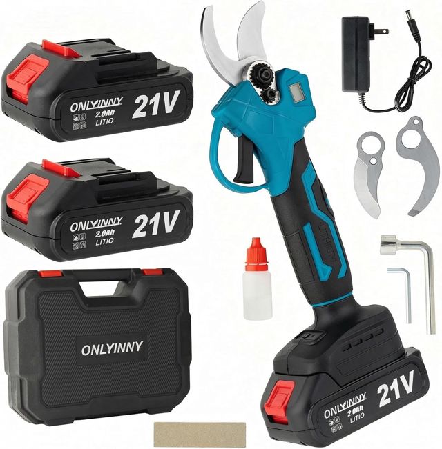 Sécateur électrique 21 V, sécateur électrique sans balais amélioré de 600 W avec 2 batteries 2,0 Ah, 2 lames, chargeur rapide