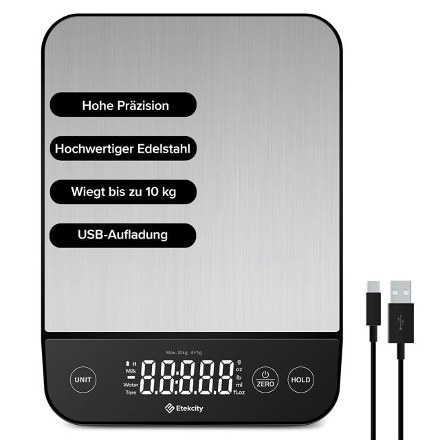 Etekcity Balance de cuisine numérique en acier inoxydable avec affichage LED, fonction tare et charge USB 10 kg Précision 1 g