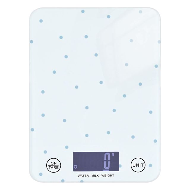 Balance de cuisine numérique à pois bleus 5 kg/5 g avec 4 unités pour perte de poids, épices et pâtisserie (piles non incluses)