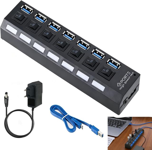 Hub USB 7 Ports avec Interrupteurs, Hub USB 3.0 et 2.0, Répartiteur USB avec Connecteurs LED, Compatible avec PC, Ordinateurs Portables, Téléphones, Disques Durs, Claviers, Imprimantes, et Plus